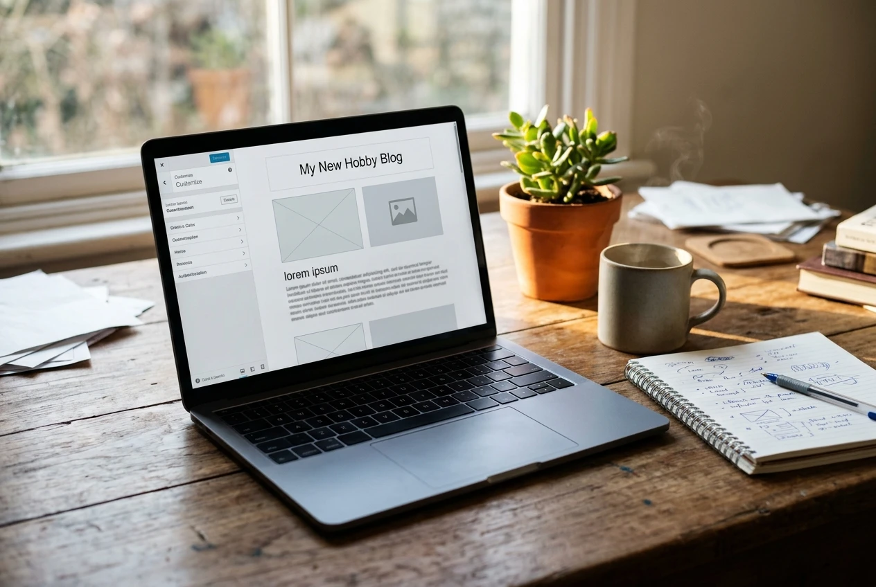 A half-built hobby blog on a laptop screen sits on a wooden desk beside a handwritten notebook, with a small potted plant and a mug in soft morning window light. The laptop's browser sh