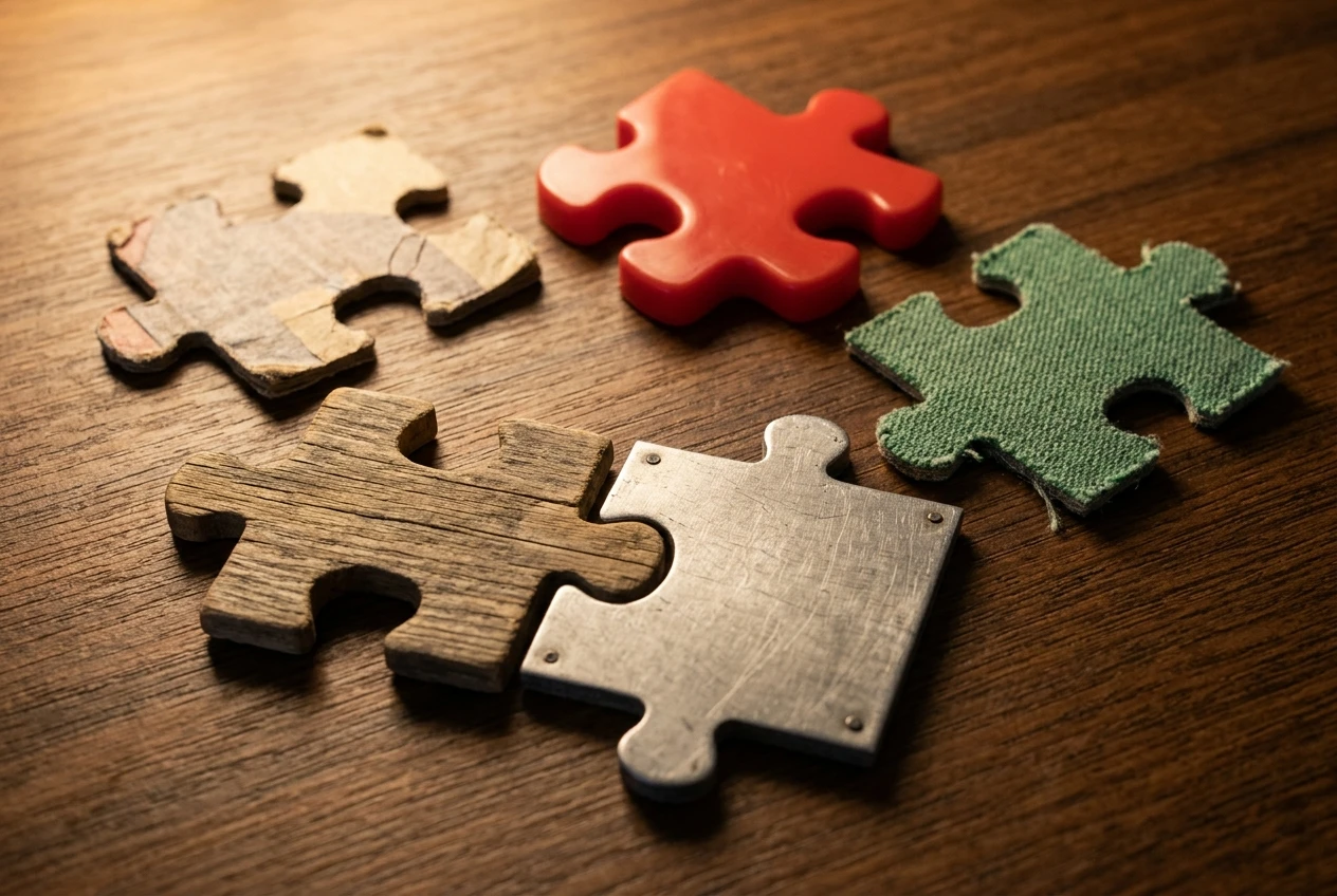 Five mismatched puzzle pieces in different colours and materials, wood, paper, metal, plastic and fabric, lie scattered on a table. One piece has been pushed together with another but they don't quite fit, under warm lamp light. It stands for assembling separate free tools that don't connect.