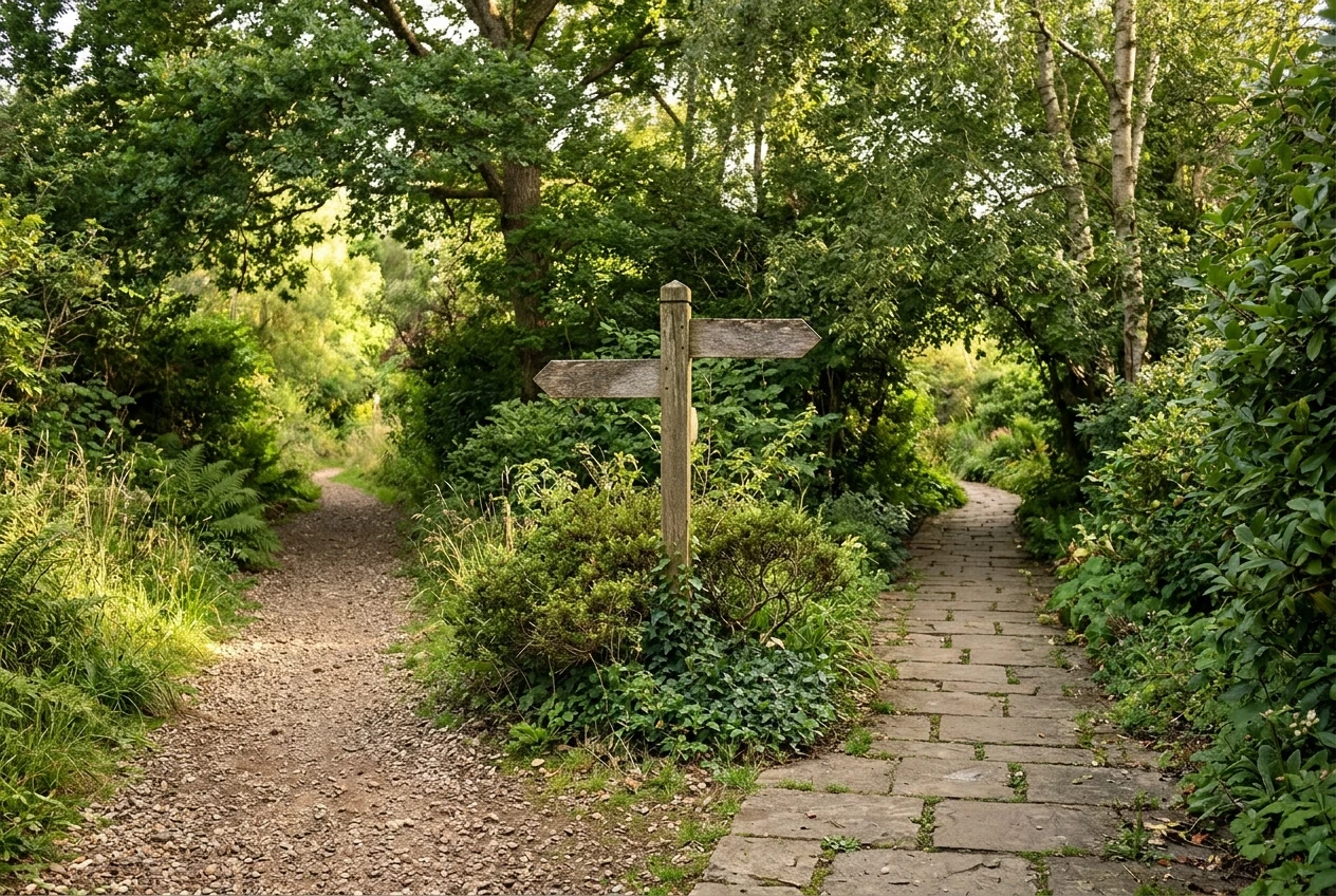 A fork in a quiet garden path, with a gravel track on one side and a paved path on the other, both leading into soft green afternoon light. A wooden signpost stands blank between them. The scene is calm and unpressured, with nobody in it.