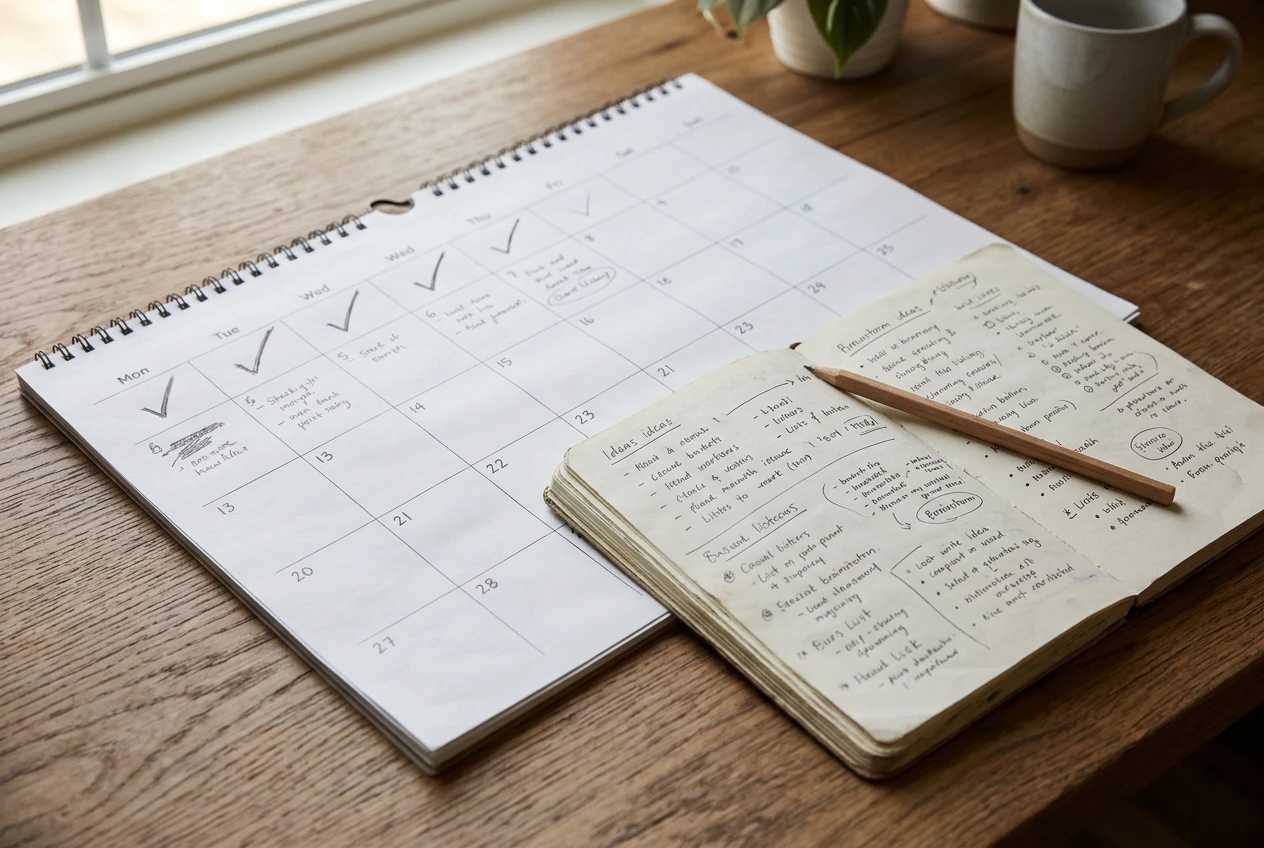 A paper wall calendar showing one week, with hand-drawn ticks on the first few days, lies next to an open notebook full of handwritten topic ideas and a pencil. The desk is lit by warm daylight, and the tone is relaxed rather than hurried.