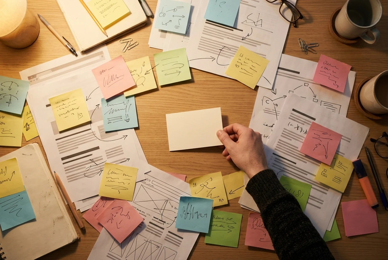 A cluttered desk seen from above in warm lamplight, covered in dozens of mismatched sticky notes, open browser-printed pages and scribbled arrows, with one hand pushing a single blank note