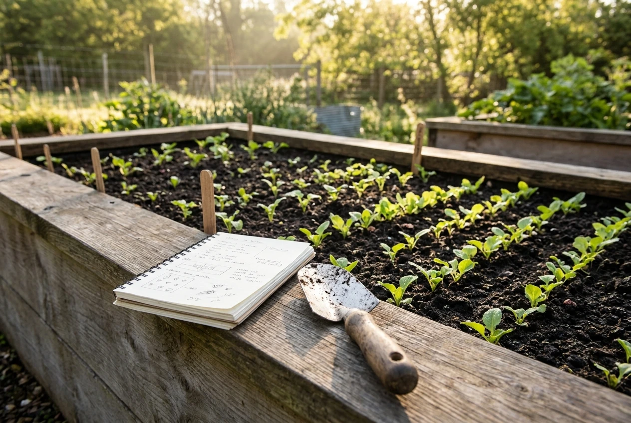 A raised vegetable bed in soft morning sun with a small hand trowel and a handwritten garden notebook open on the edge, young seedlings in neat rows, showing a beginner a few steps ahead sharing what they are learning.