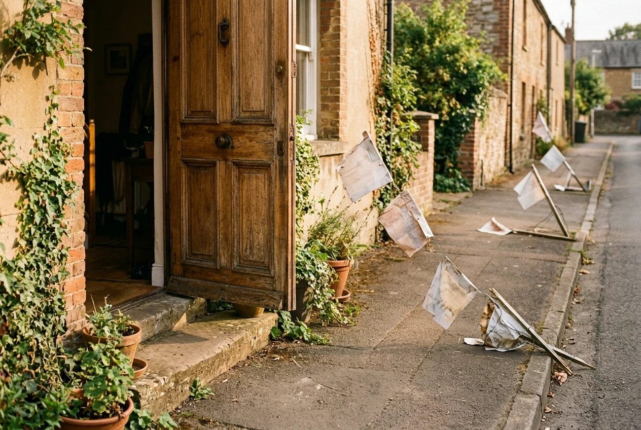 A single sturdy wooden front door of a small house standing open on a quiet street, with five faded paper signposts blowing loosely along the pavement behind it, evoking one owned home base versus scattered platforms. Soft late-afternoon light, warm greens and ochres.