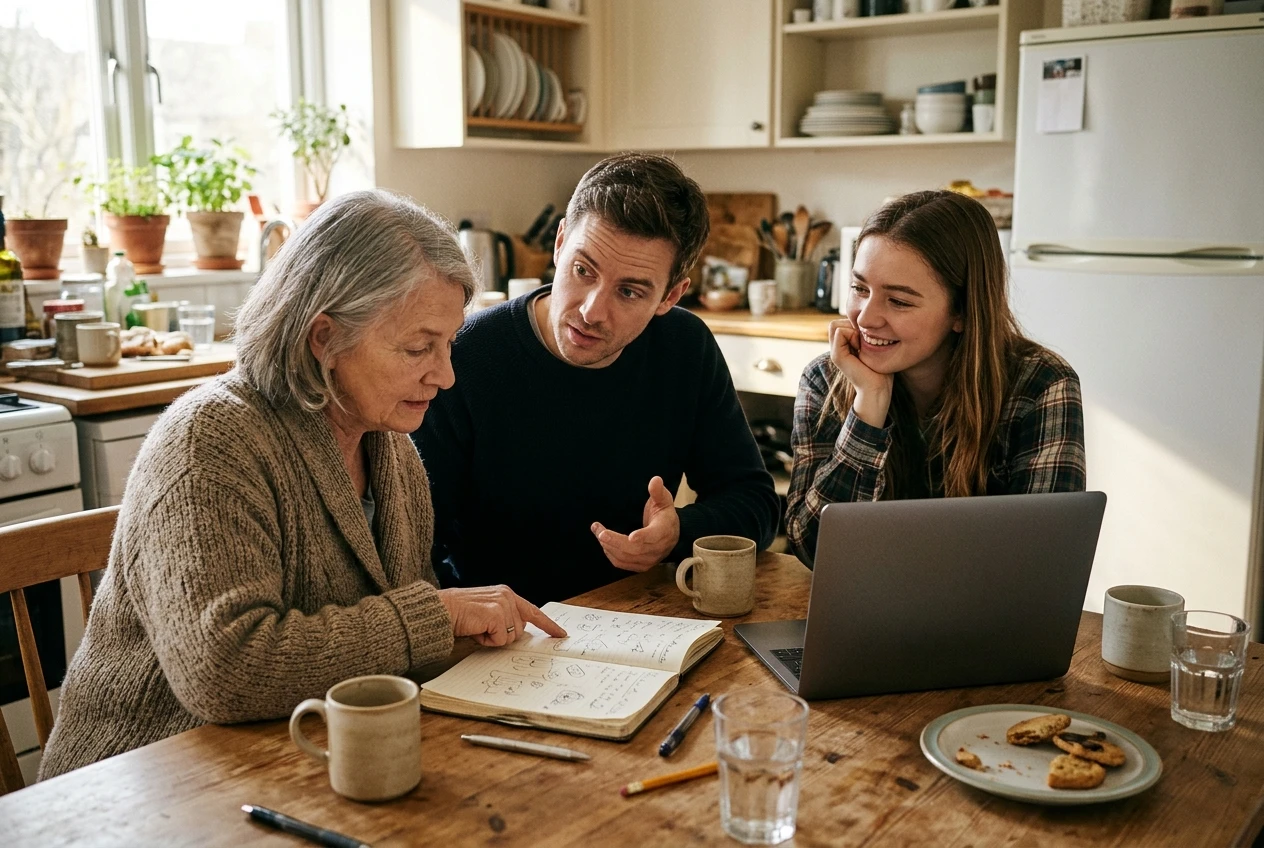 A small group of people of different ages around a bright kitchen table, one pointing at an open notebook while another leans in with a question and a third smiles, mugs and a laptop nearby, warm natural window light.