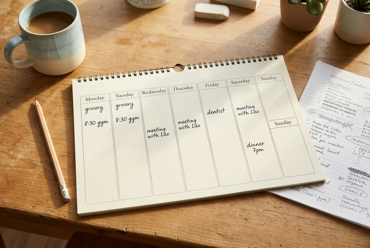 A paper wall calendar showing one week with a small handwritten note on each day, a pencil and a mug beside it on a sunlit wooden desk, one finished handwritten page of notes lying next to it, calm morning palette of cream and soft blue.