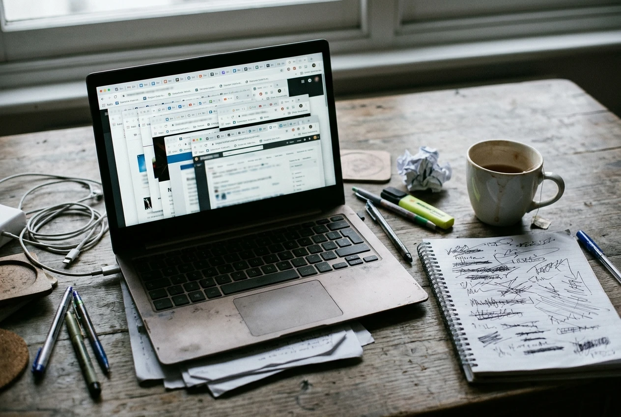 A laptop screen crowded with fifteen overlapping browser tabs on a cluttered wooden desk, with a half-drunk mug of tea and a notepad covered in crossed-out scribbles, lit by soft grey