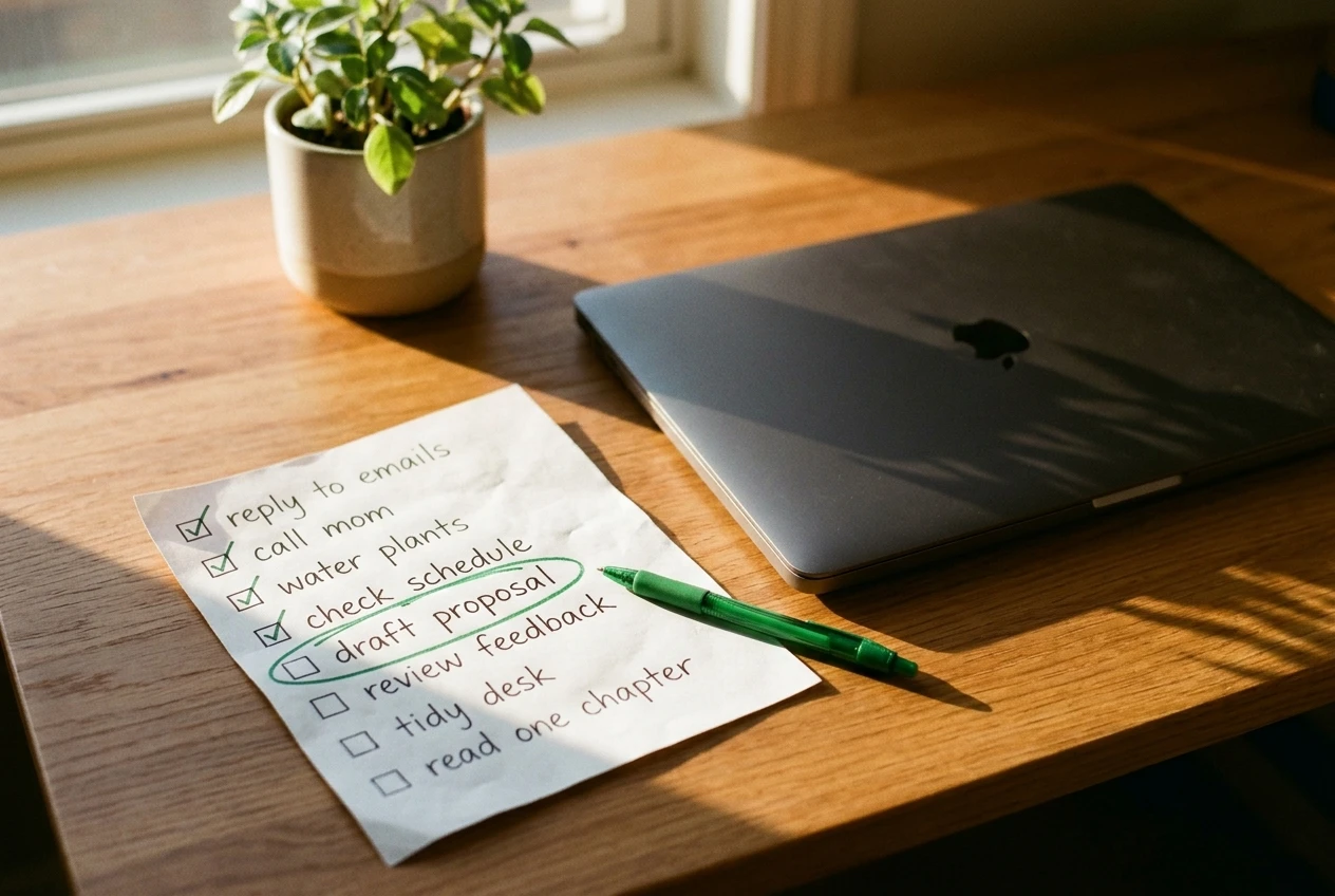 A hand-drawn paper checklist with a single task circled in green pen, resting beside a closed laptop and a small potted plant on a tidy desk in warm afternoon light, suggesting one calm next step.