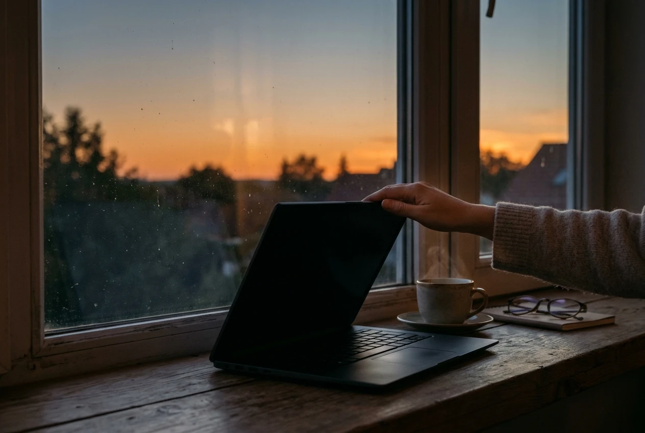 A person's open hand setting a laptop lid half-closed at dusk beside a cup of tea on a windowsill, with a soft orange sunset outside, evoking finishing one small task and coming back tomorrow.