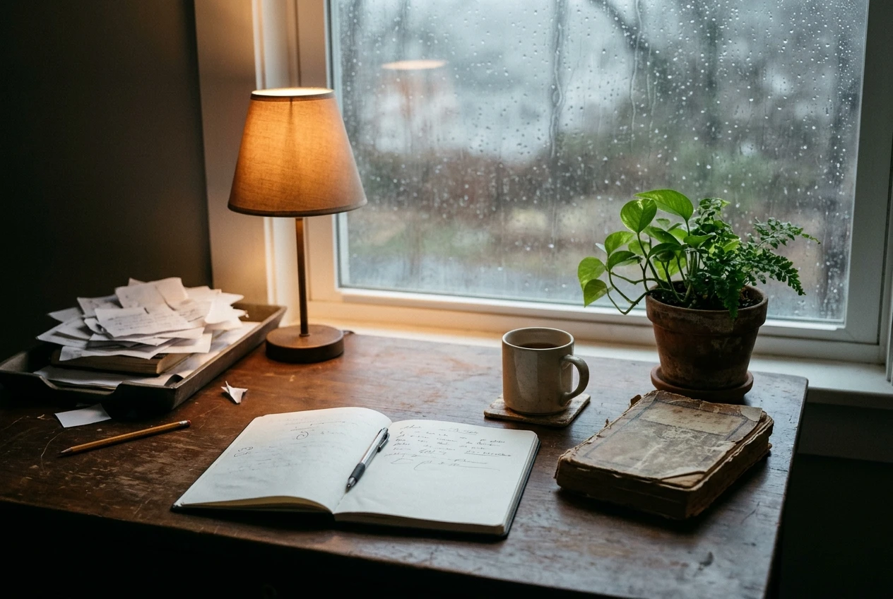 A quiet grey-lit home desk on a drowsy Tuesday afternoon: an open notebook with a half-finished page, a mug of tea gone cold, a rain-streaked window behind, and a worn paperback on
