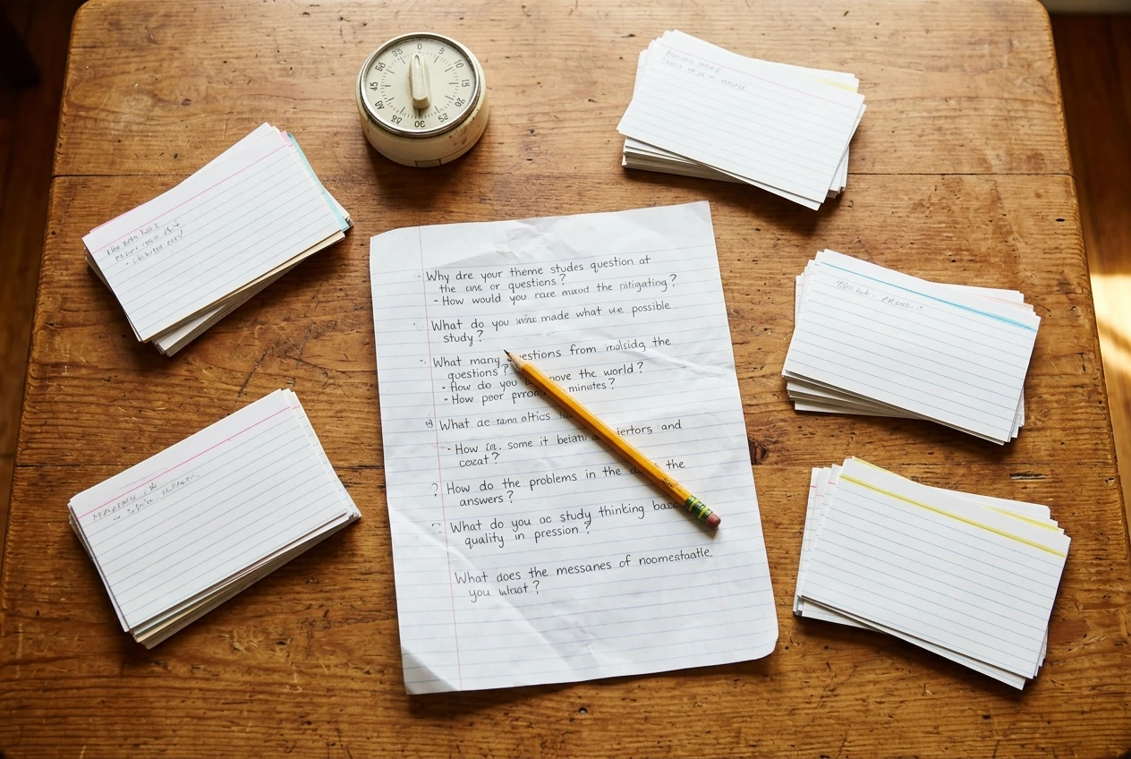 A wooden table seen from above with a kitchen timer and a sheet of lined paper covered in handwritten question lines, surrounded by five small stacks of index cards sorted into groups, in warm daylight with a pencil resting across the paper.