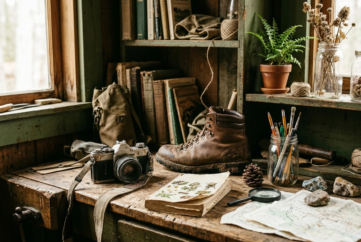 A shelf and workbench corner showing a person's lived-in hobby: a well-used camera, a hiking boot, a dog-eared field guide and a jar of pencils, softly lit by window light with earthy greens and browns, suggesting years of casual experience.