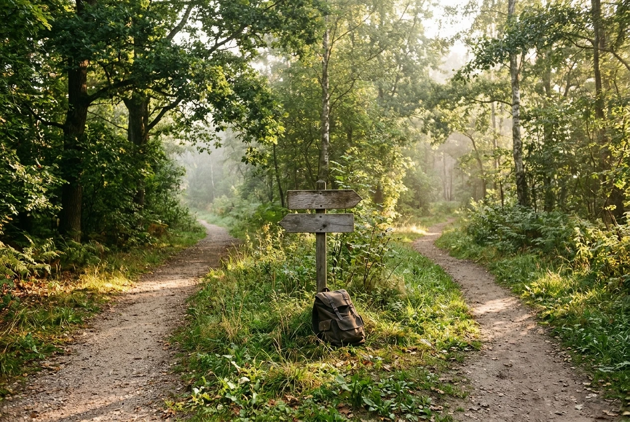 A walking path in a green park that forks gently into two trails, with a small wooden signpost blank of text and soft golden morning light, a backpack left at the fork suggesting a calm change of direction.
