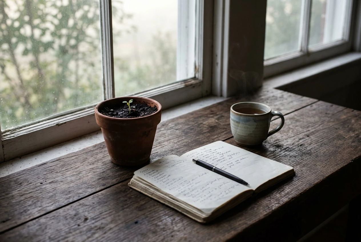 A quiet wooden desk by a window in soft early-morning light, with a small potted seedling in a terracotta pot just beginning to sprout beside an open notebook with handwritten lists and a