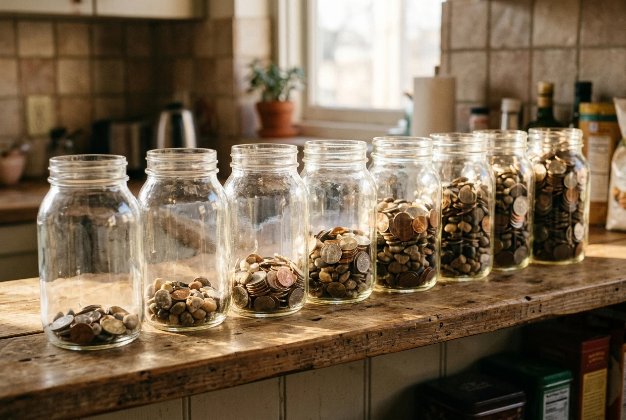 A row of identical glass jars on a kitchen shelf, filled to gradually increasing levels with coins and small pebbles, with warm afternoon sunlight falling across them, showing small contributions accumulating month after month.