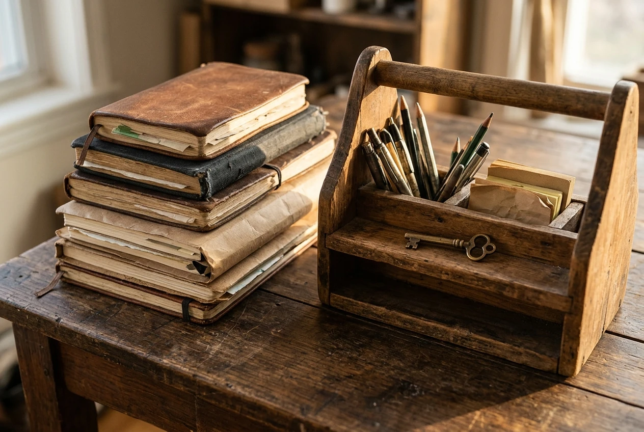 A neat stack of well-used notebooks and a toolbox-like wooden tray of pens, sticky notes and a small brass key on a worktable, lit warmly from the side, representing skills and a site that stay yours.