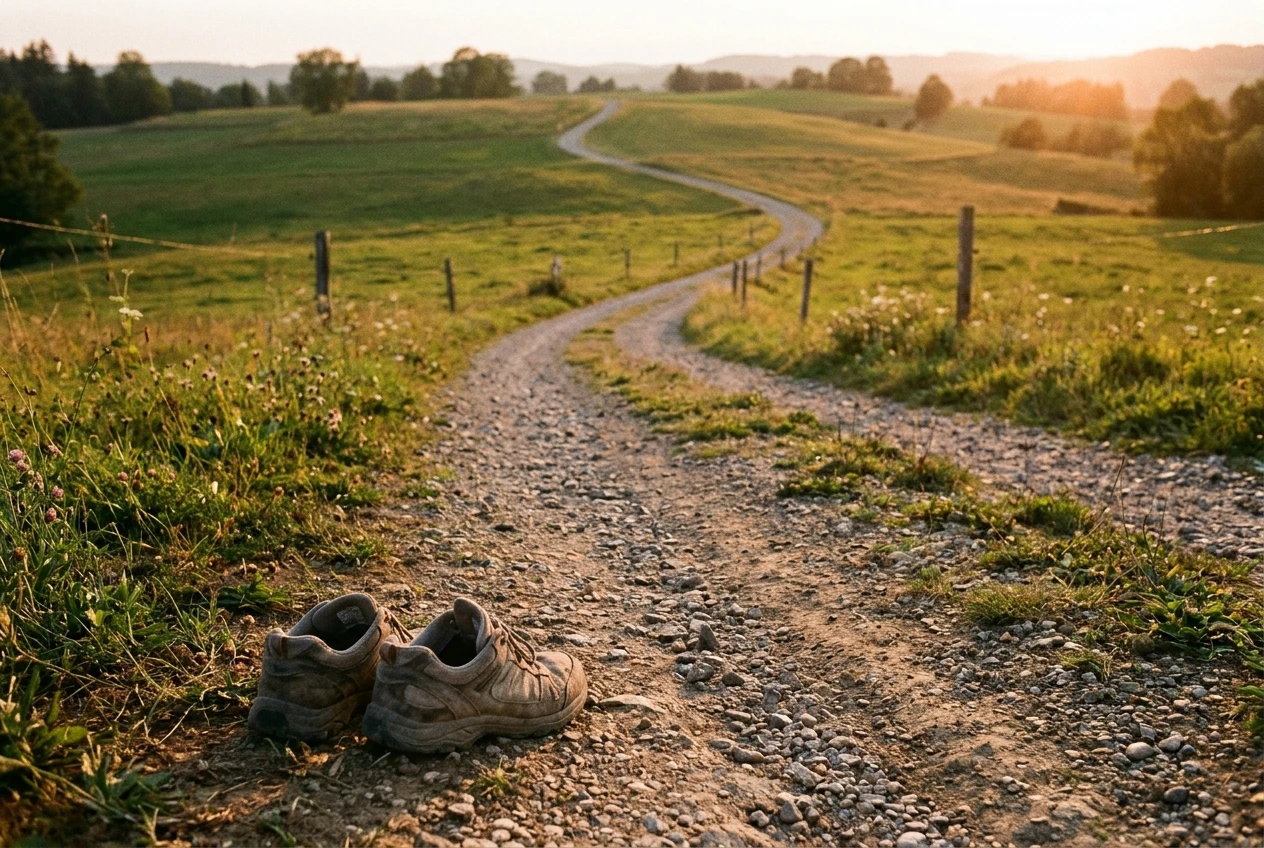 A winding gravel path leading gently uphill through green fields at golden hour, with a pair of worn walking shoes resting at the start of the path, evoking an unhurried first step on a long road.