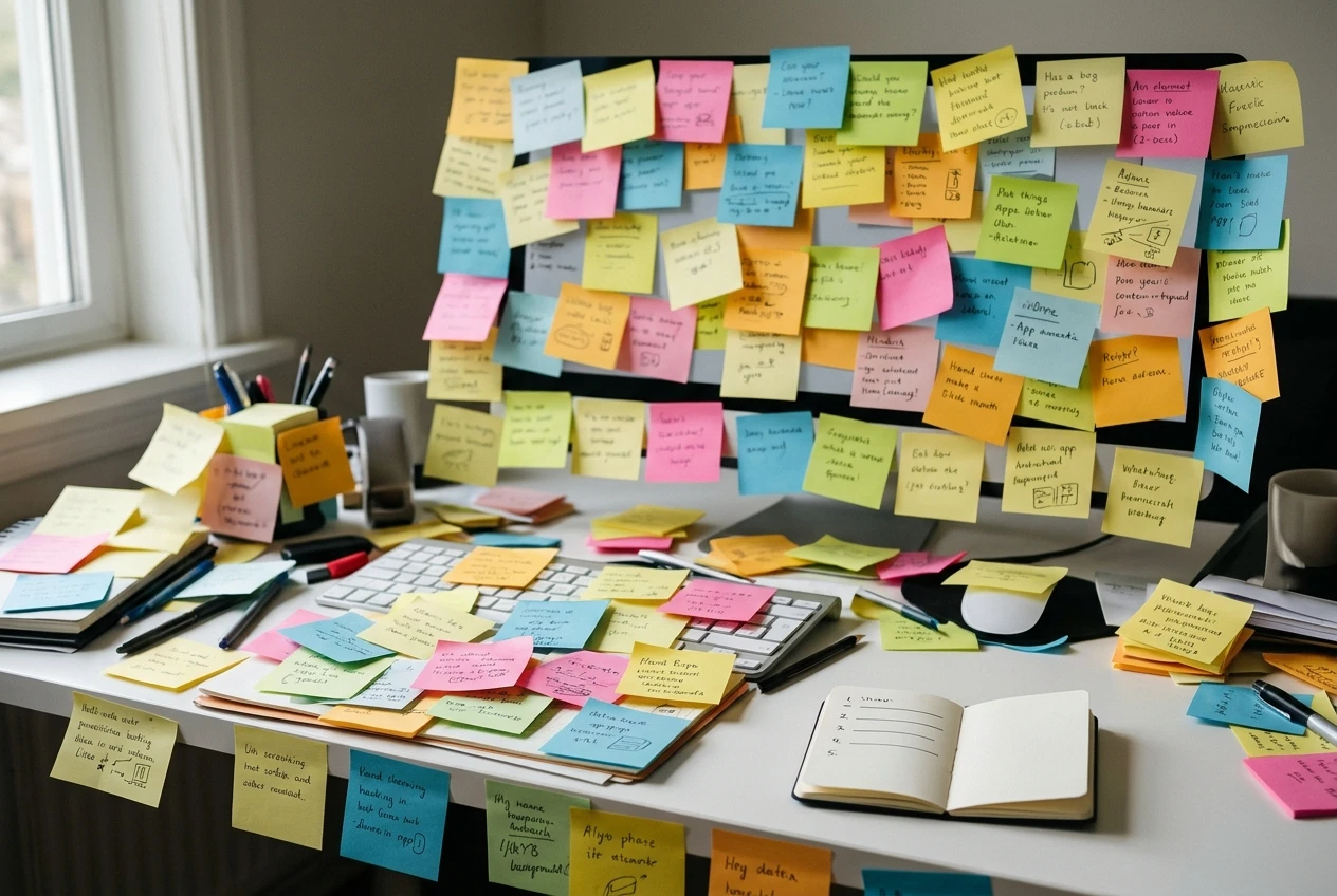 A wall of dozens of sticky notes in many colours covering a desk and monitor, each scribbled with a different app name, while a single small notebook with five short lines sits untouc