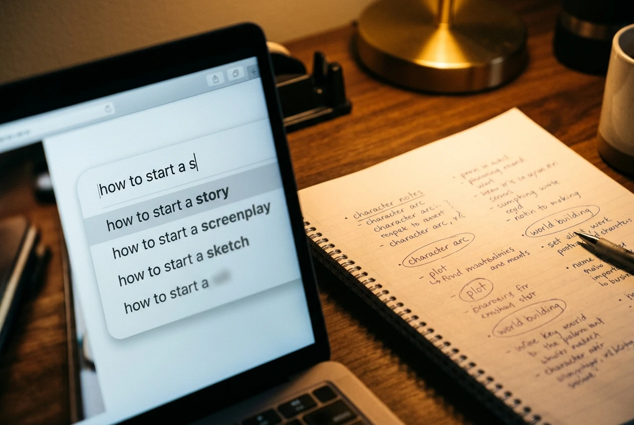A close view of a search bar on a laptop screen with a half-typed phrase and a dropdown of suggested phrases, a hand-written notebook beside it with a few circled phrases, warm desk lamp light.