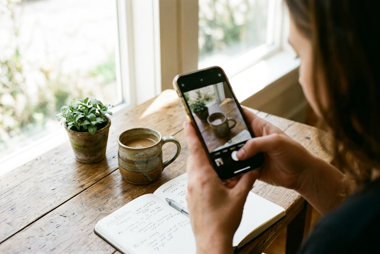 A person's hands holding a phone to photograph a ceramic coffee mug and a small plant on a wooden table by a bright window, with a notebook beside them where the photo's source is jotted down.
