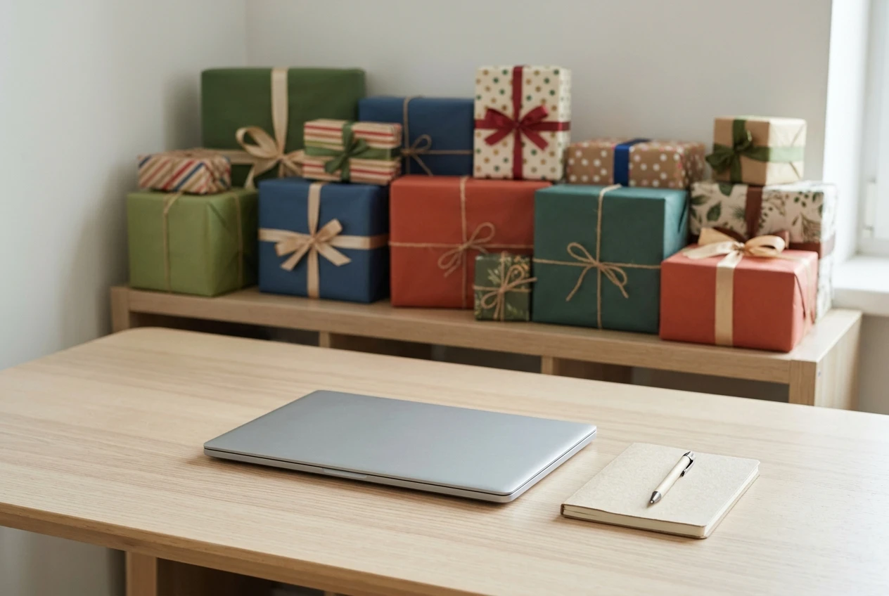 A shelf of unopened, gift-wrapped boxes of different sizes and colours pushed to the back of a tidy desk, with only a laptop and a notebook in the foreground, calm neutral daylight.