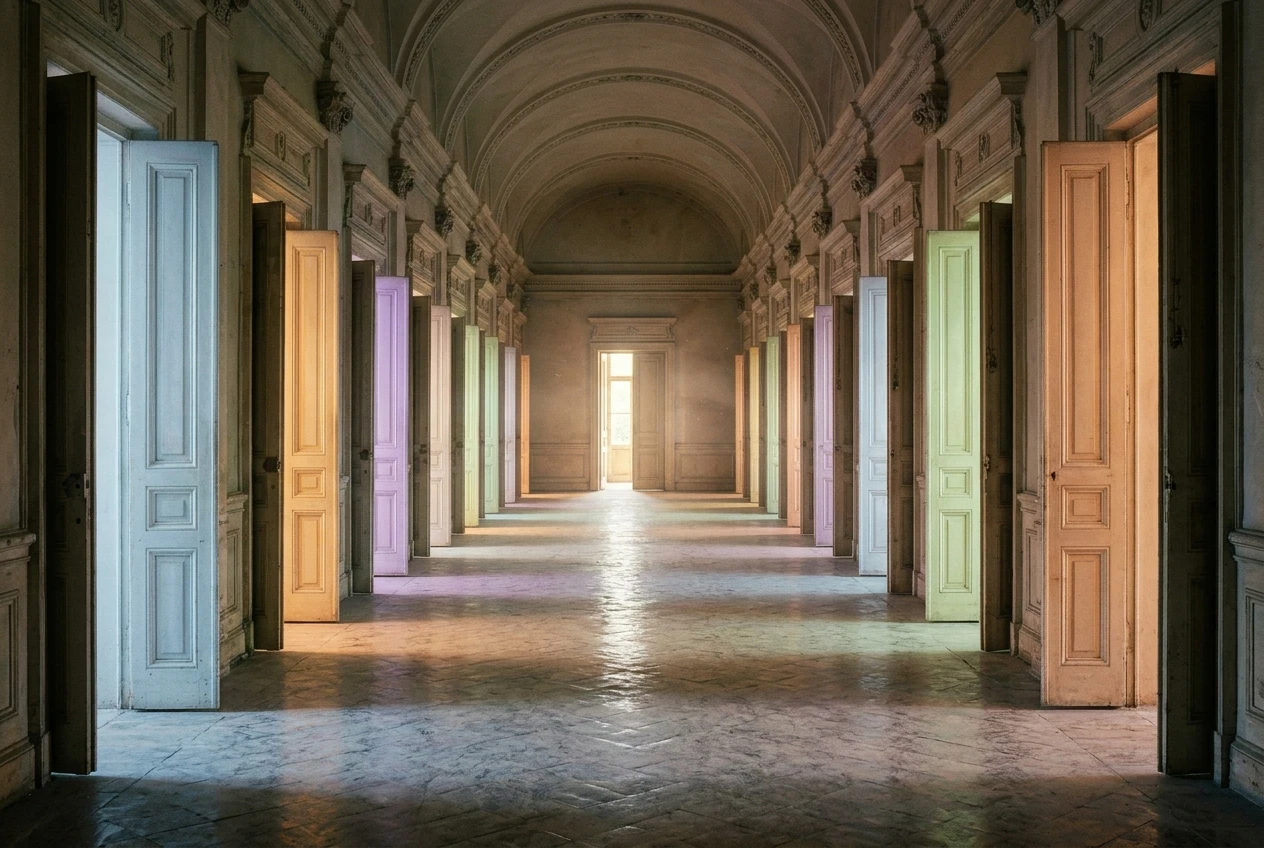 A long hallway lined with a hundred identical open doors, each glowing a slightly different colour, with one door at the far end brighter and calmer, in soft morning light.
