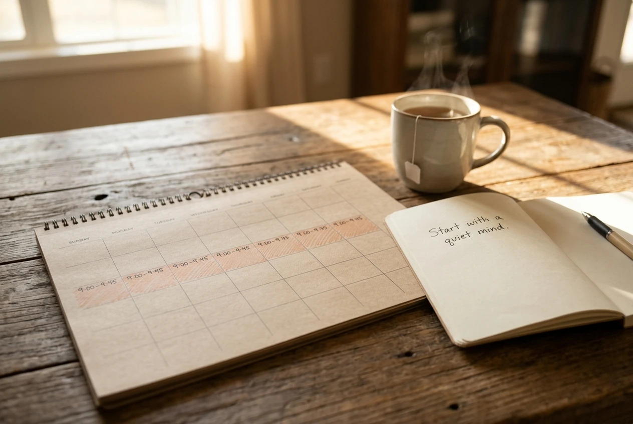 A wall calendar on a wooden desk with a daily 45-minute block marked at the same hour each day, a mug of tea and a notebook beside it where a single sentence is handwritten, warm window light.