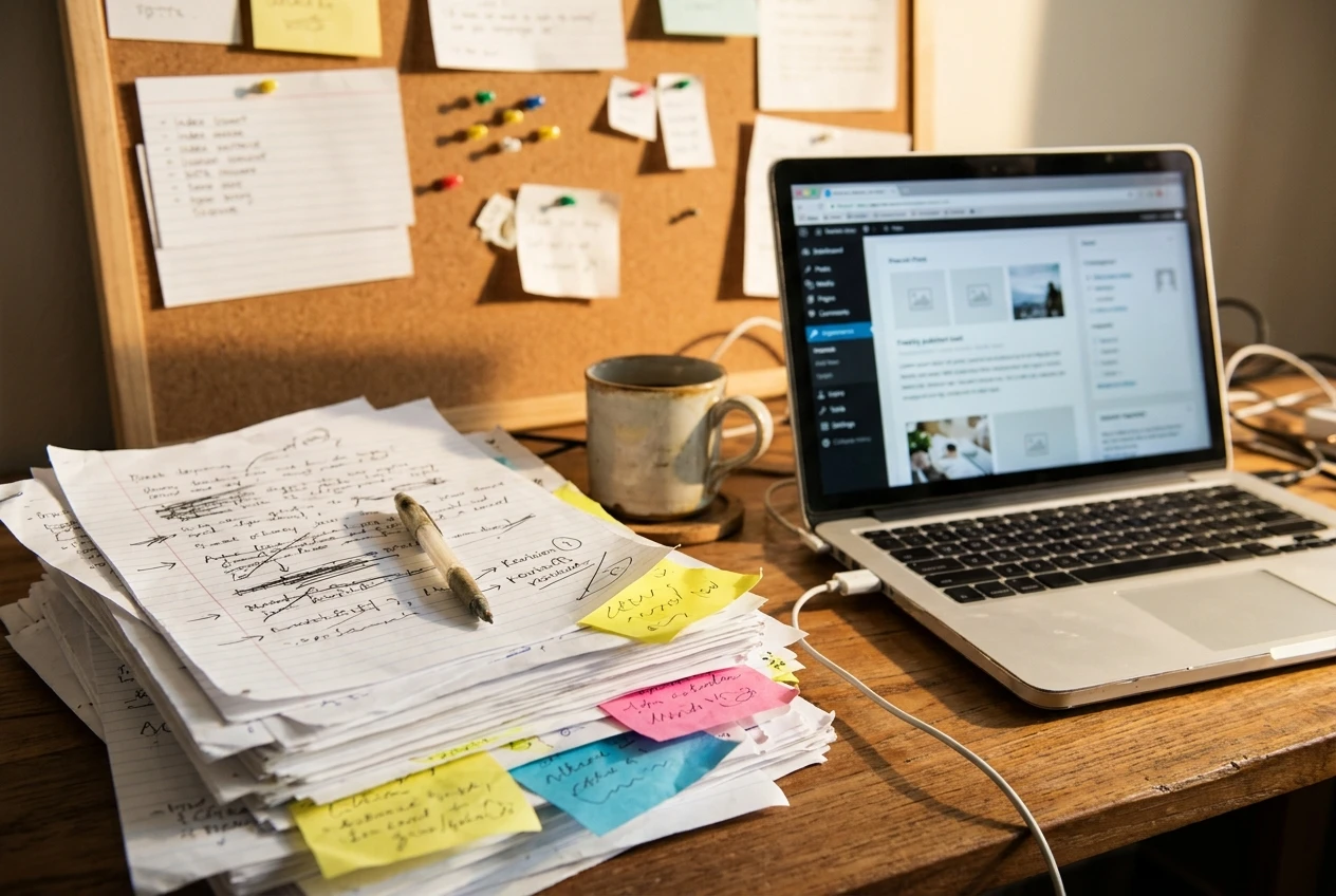 A stack of rough handwritten drafts with crossed-out lines and sticky notes next to an open laptop showing a freshly published page, a topic list pinned on a corkboard behind, afternoon light.