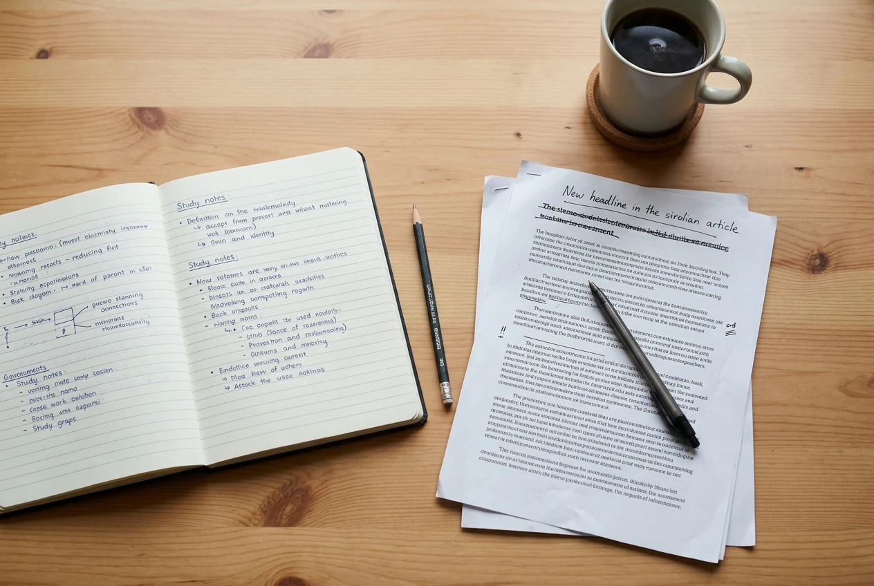A single open notebook with one lesson's notes in neat handwriting beside a printed article draft marked with a pen where the headline has been rewritten, a lone pencil and a cup of coffee on a clean desk.