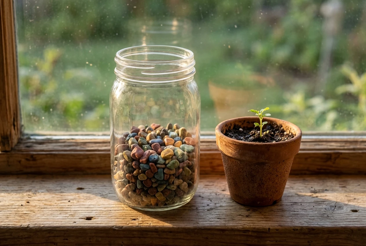 A glass jar on a windowsill slowly filling with small coloured pebbles, one for each day worked, with a seedling in a pot beside it in gentle early light.