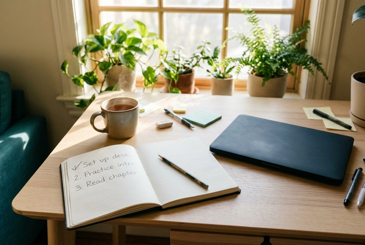A beginner's desk in soft morning light with a notebook open to a handwritten checklist of three tasks, one ticked off in pencil, beside a closed laptop and a mug of tea. A wind