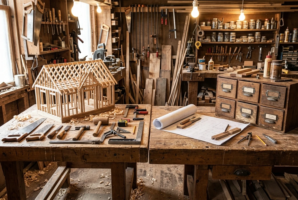 Two small workbenches side by side: on one a half-finished wooden house frame with tools neatly laid out, on the other a rolled-up plan and a few labelled drawers. Warm workshop light suggests everything needed for building sits in one room.