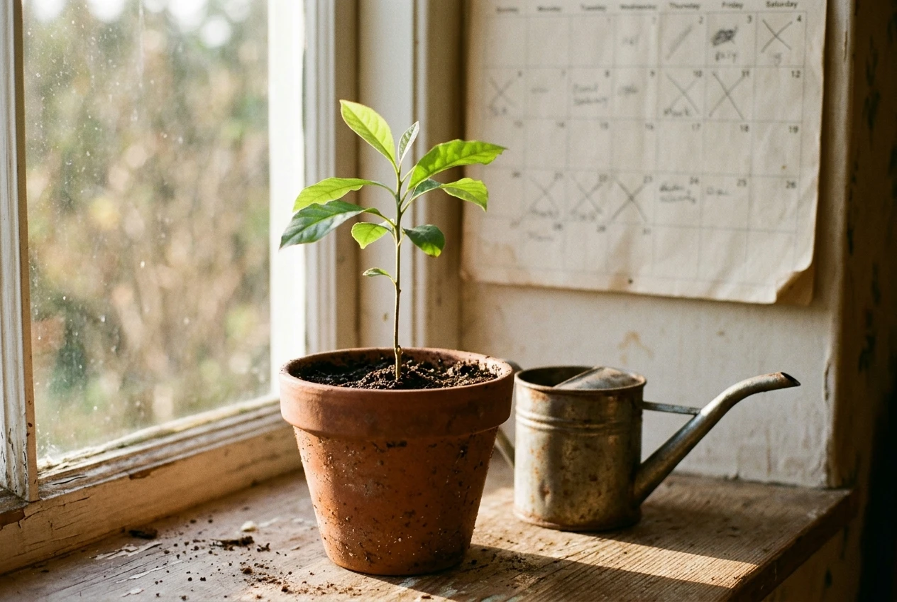A young sapling in a terracotta pot on a sunny windowsill, with a small watering can beside it and a paper calendar on the wall behind, showing a row of pencil-marked days. Soft golden light, green and terracotta colours, conveying slow steady growth.