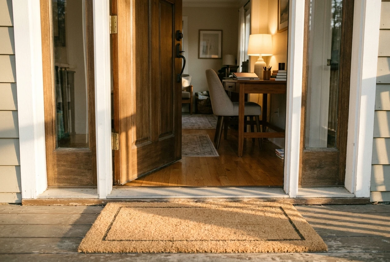 A front door standing slightly open onto a bright, tidy room with a desk and a lit lamp, seen from the doorstep in late afternoon light. A welcome mat in the foreground, inviting a look inside without pressure.