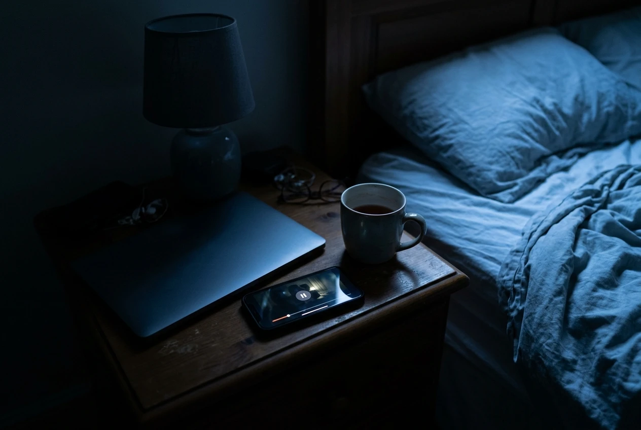 A phone on a bedside table at night, its screen glowing in a dark bedroom and showing a paused video, next to a closed laptop and a half-drunk mug of tea, with a warm lamp switched of