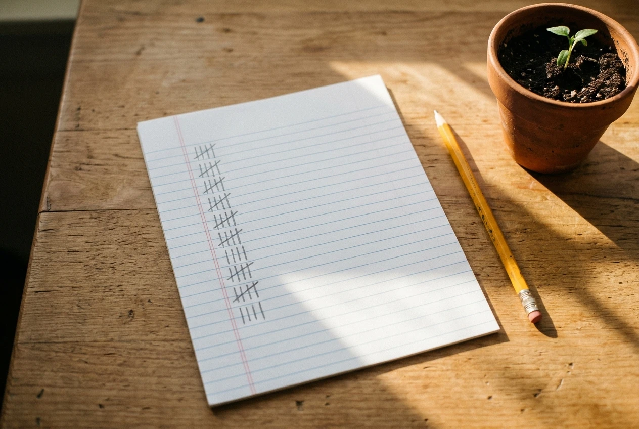 A sheet of lined paper on a wooden desk with a neat column of hand-drawn tally marks, a pencil resting beside it, morning sunlight falling across the page and a small green seedling in a pot at the corner.