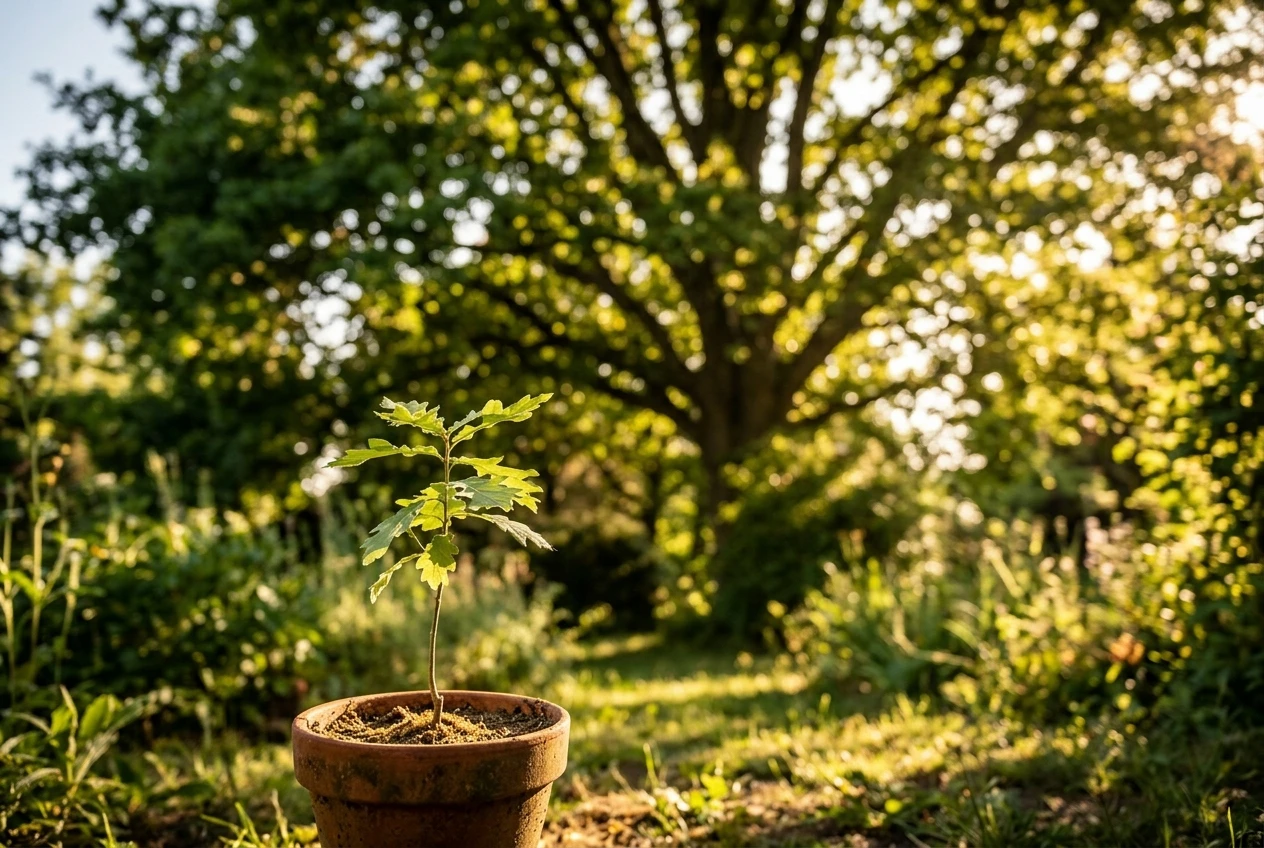 A young sapling planted in a small pot in the foreground, with a tall mature tree in full leaf blurred behind it in a sunlit garden, soft golden light, suggesting the same plant at very different stages.