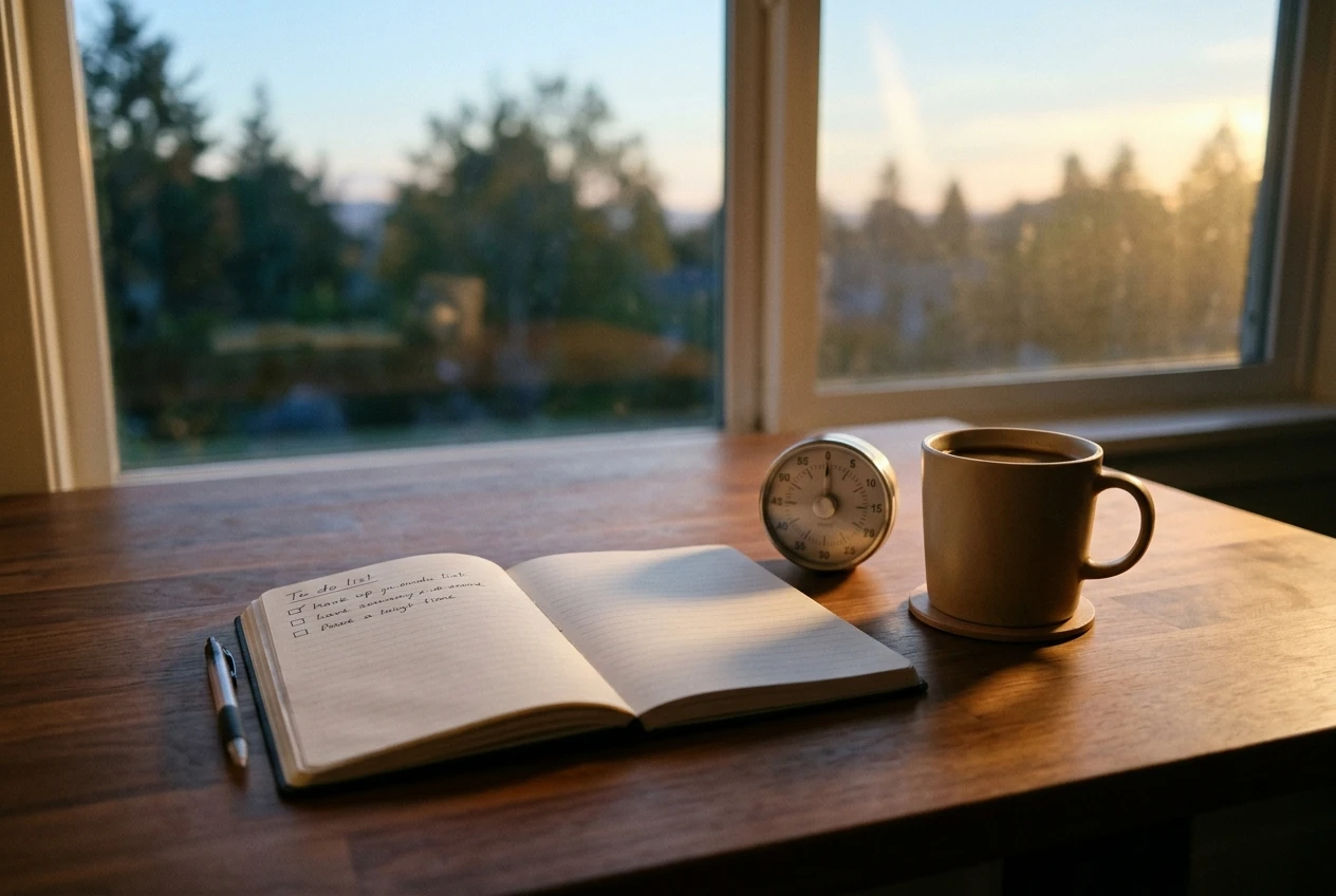 A tidy desk with a single open notebook showing a short handwritten to-do line, a small kitchen timer set beside it, a cup of coffee, and a window with early evening light, everything calm and uncluttered.