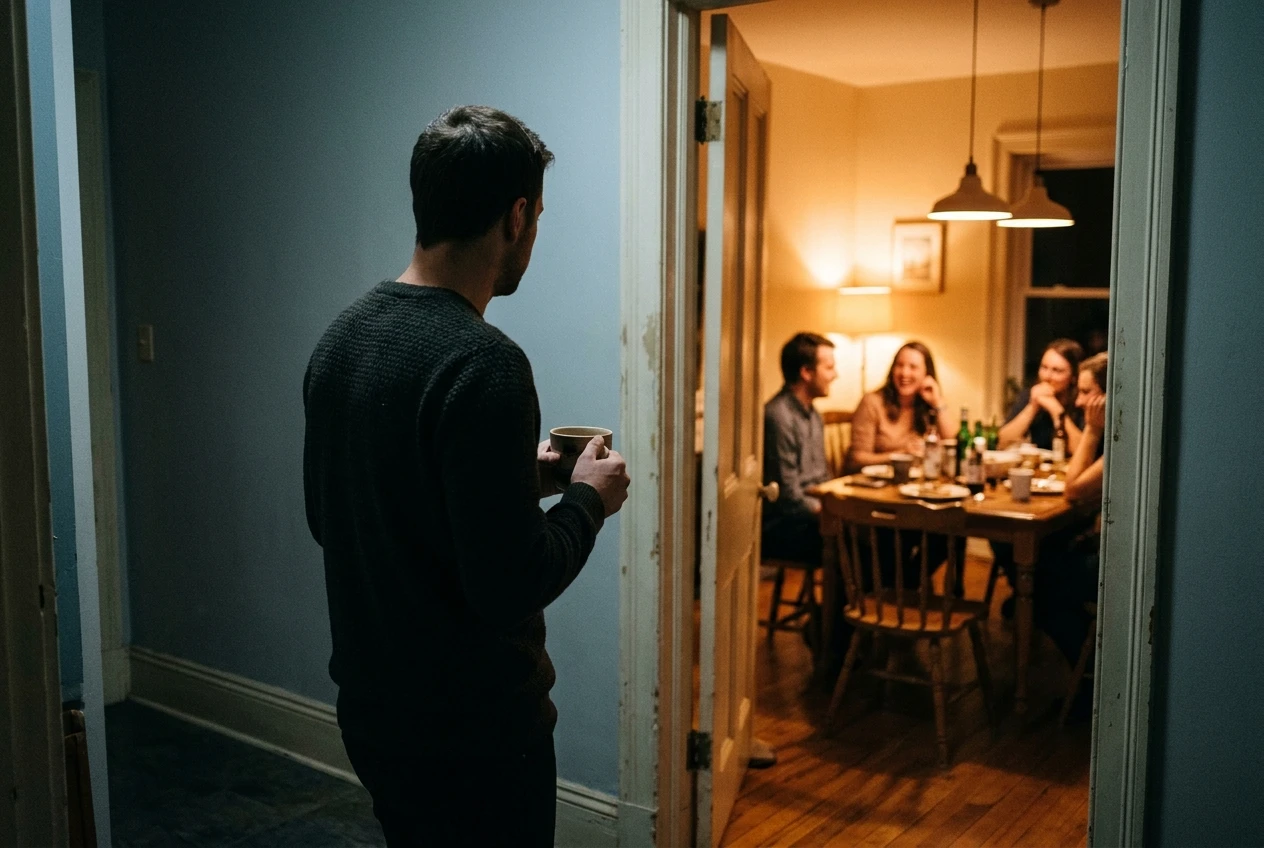 A person seen from behind, standing at the edge of a softly lit room where a small group chats around a table, a coffee cup in their hands and one foot hesitating at the threshold. War
