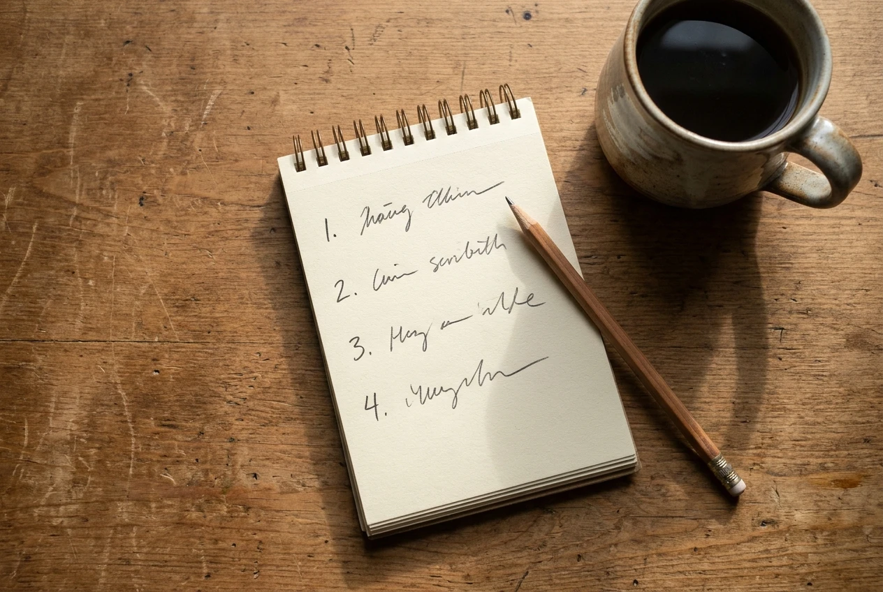 A flat-lay of a handwritten notepad on a wooden desk with four short numbered lines of scribbles, a pencil beside it, and a mug, shot from above in soft morning window light, suggesting a question being carefully composed in four parts.