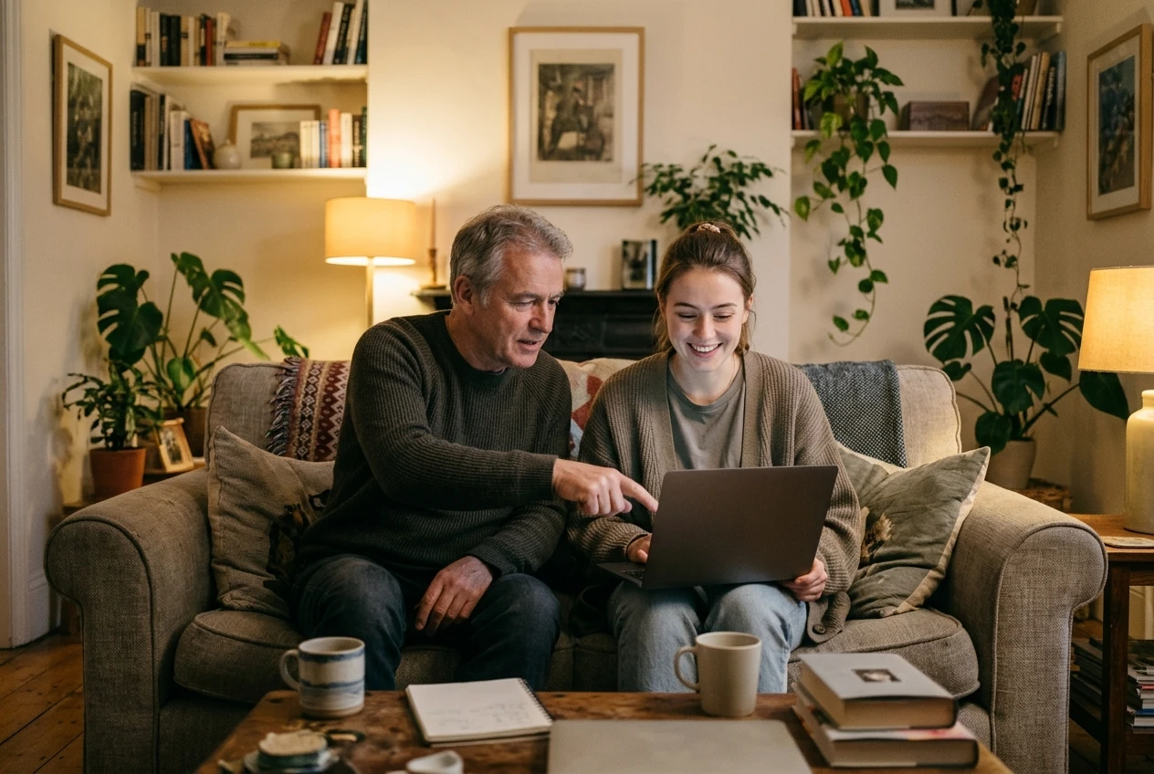 Two people sitting side by side on a sofa, one slightly older pointing at a laptop screen to help a newer person who is smiling with relief, in a cozy living room with warm lamp light and green plants.