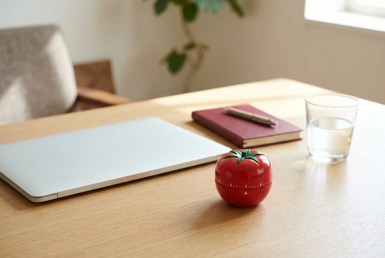 A simple kitchen timer shaped like a tomato sitting next to a closed laptop on a tidy desk, with a small notebook and a glass of water, bright daylight and clean white and red tones, conveying a visit that has a clear end.