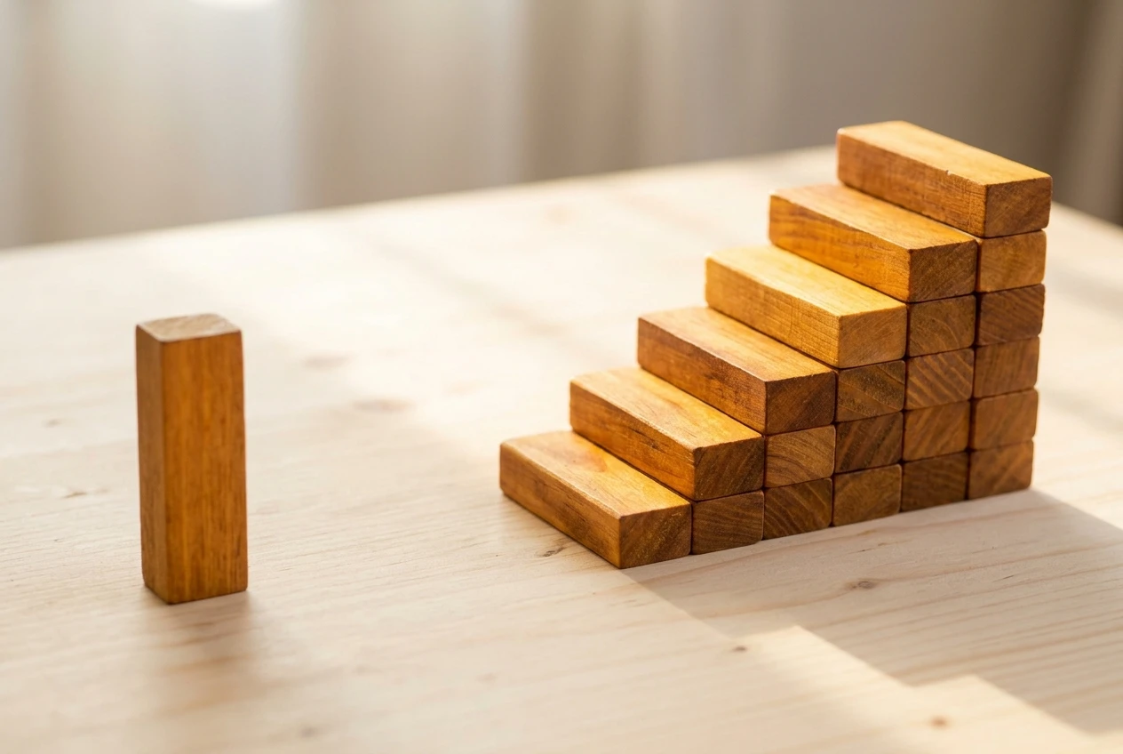 Two rows of wooden stacking blocks on a pale desk in soft morning light: on the left a single tall block standing alone with a small empty gap beside it, on the right a staircase of