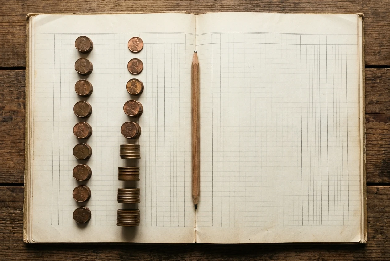 A flat-lay of a handwritten ledger notebook with small coins arranged in two columns on a cream page, the left column a flat line of identical coin stacks, the right column stacks rising steadily month by month, lit by gentle window light with a pencil beside them.