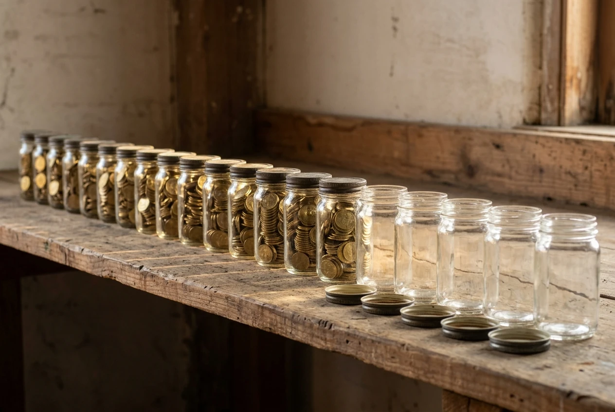 A row of 24 small glass jars on a shelf, 18 of them filled with golden coins and 6 standing empty with lids off, under warm evening light, showing a total that has dipped but is still substantial.
