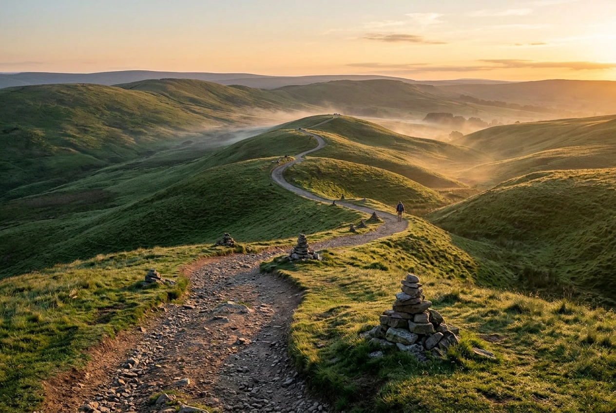 A long winding country path through green hills at early morning, with a small pile of stacked stones marking each bend of the way, golden light on the horizon and a lone walker far ahead in the distance.