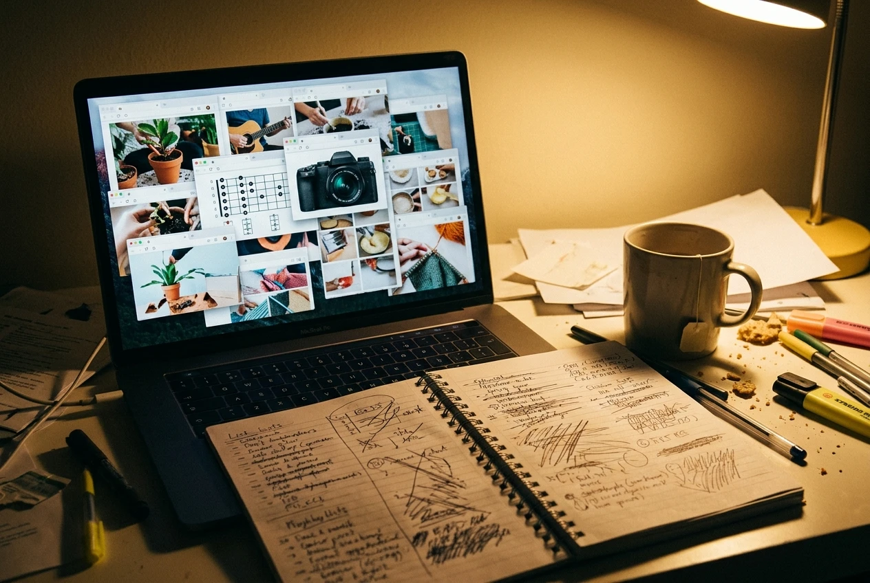 A laptop screen crowded with a dozen overlapping browser windows, each showing a different photo of a beginner's tip, beside a notebook with several crossed-out starting plans and