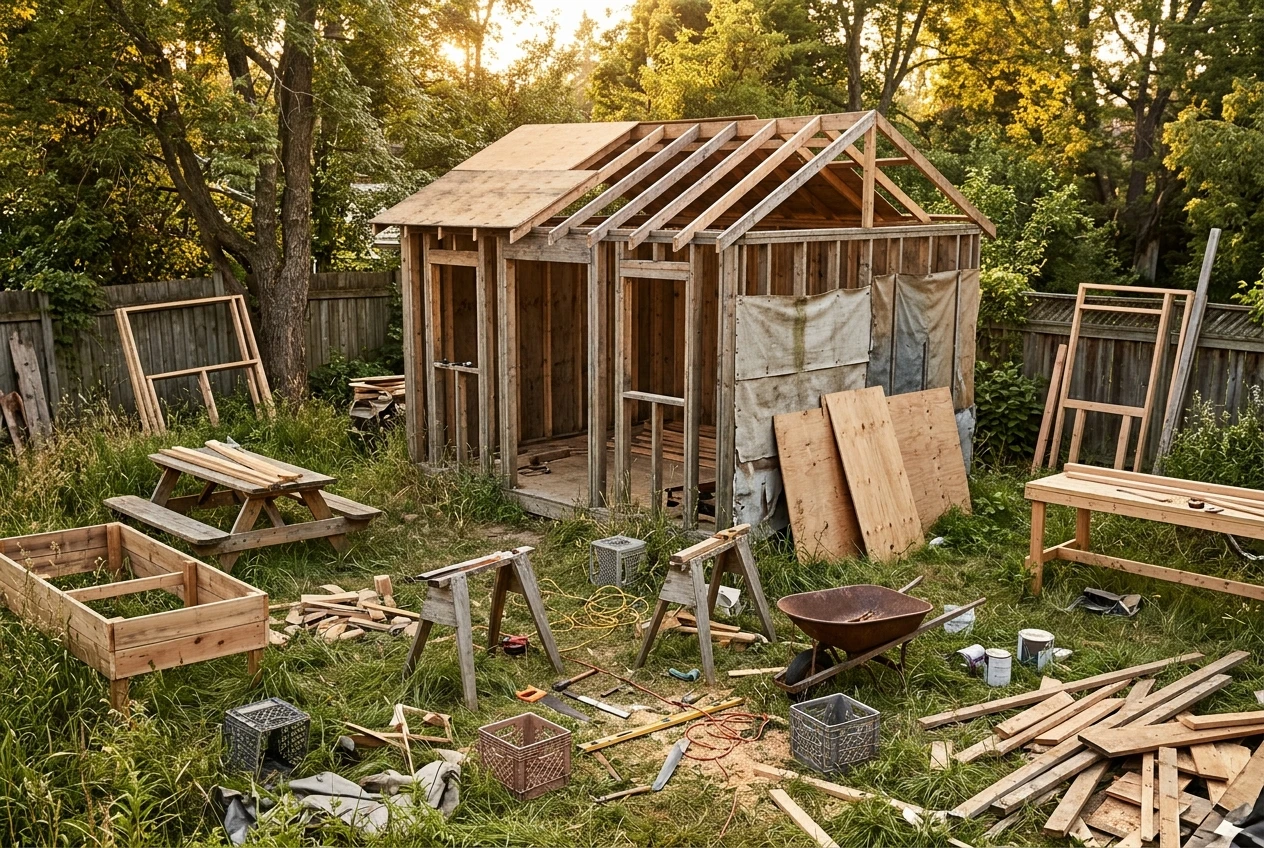 A half-built garden shed in a backyard at golden hour with several other abandoned half-finished wooden projects around it, scattered tools and unfinished frames, conveying many things started and none finished.
