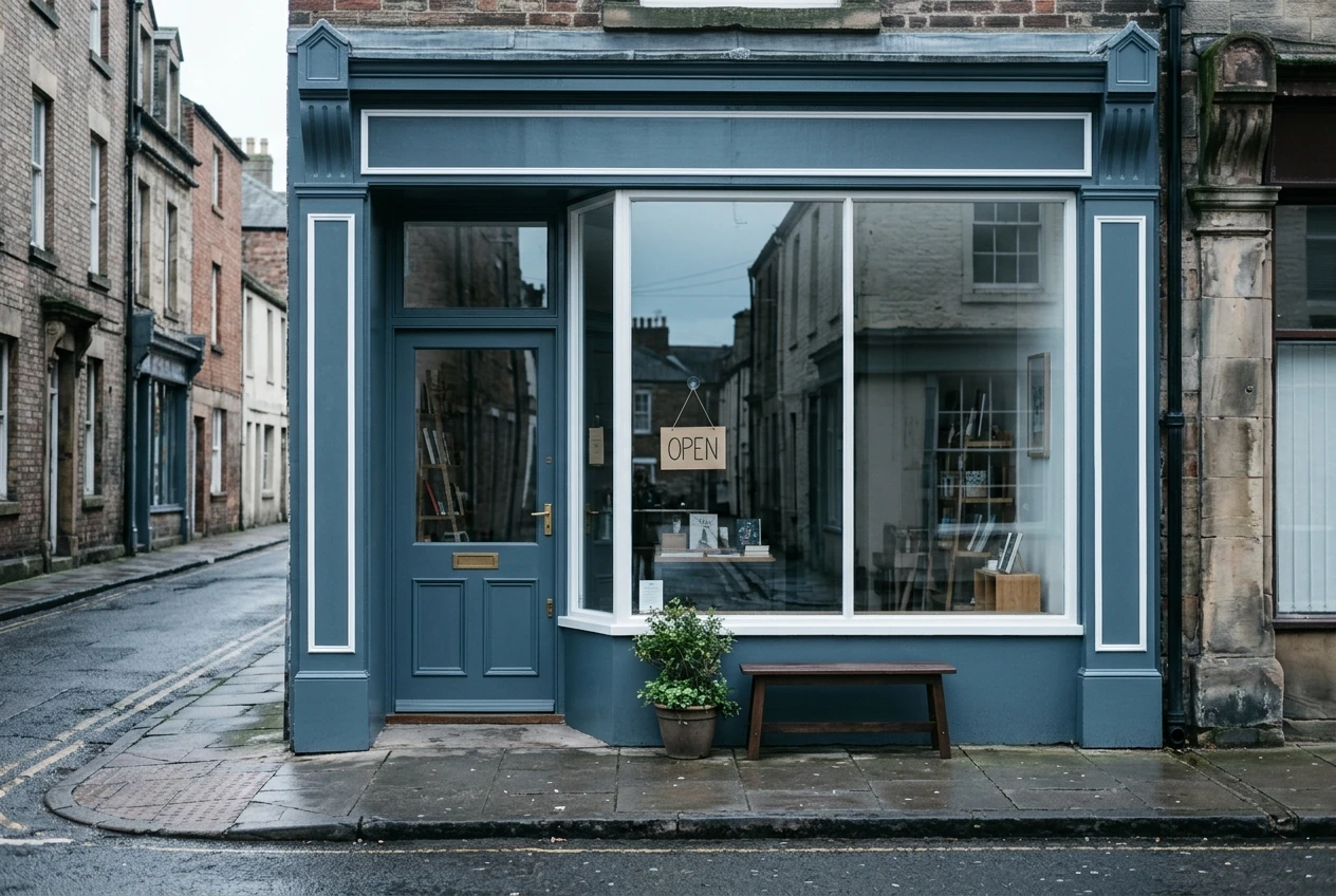 A quiet empty shopfront on a calm side street, freshly painted with a neat open sign in the window and no customers walking by, soft overcast morning light and muted blue-grey tones.