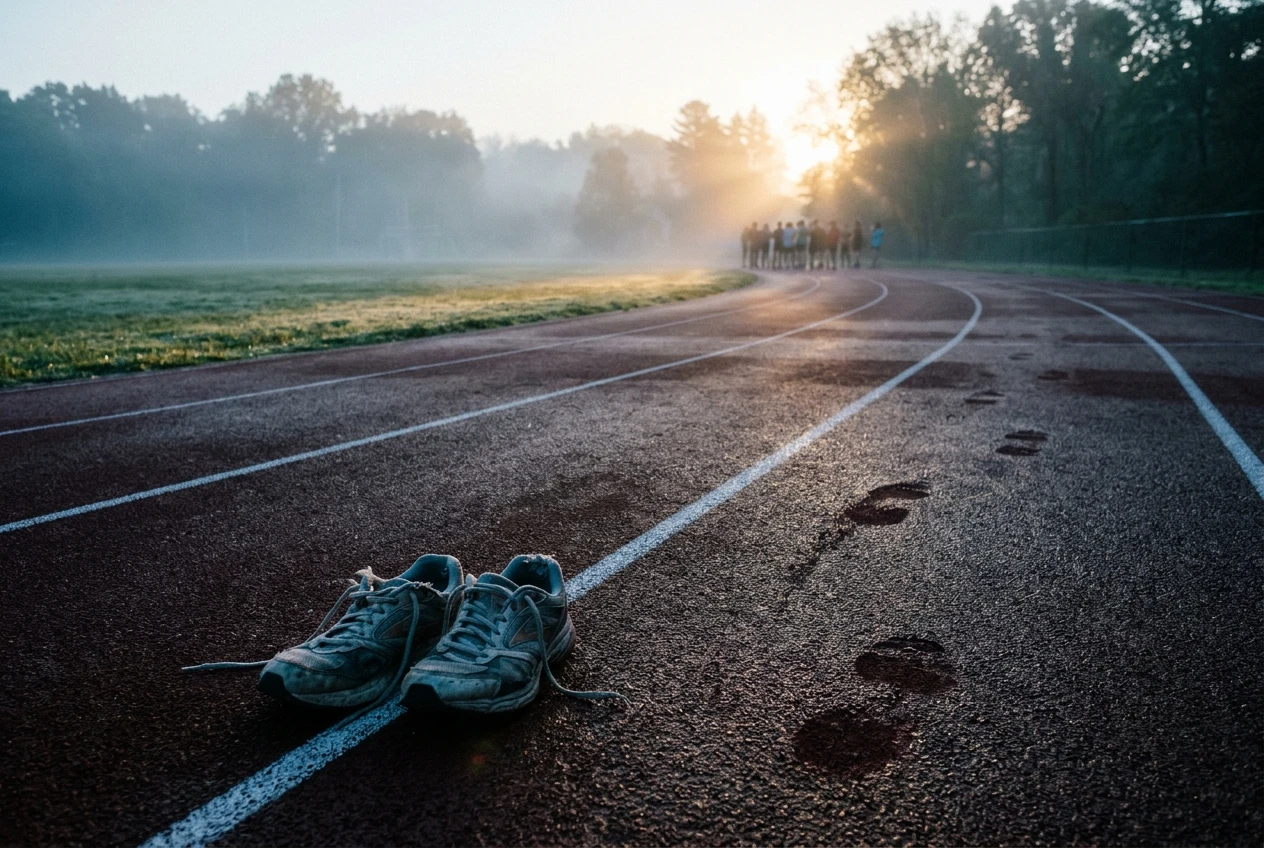 A running track at dawn with fresh footprints of a single runner fading in the cool mist, and a pair of worn running shoes resting on the lane line beside a small group gathering at the far end, warm light breaking through.