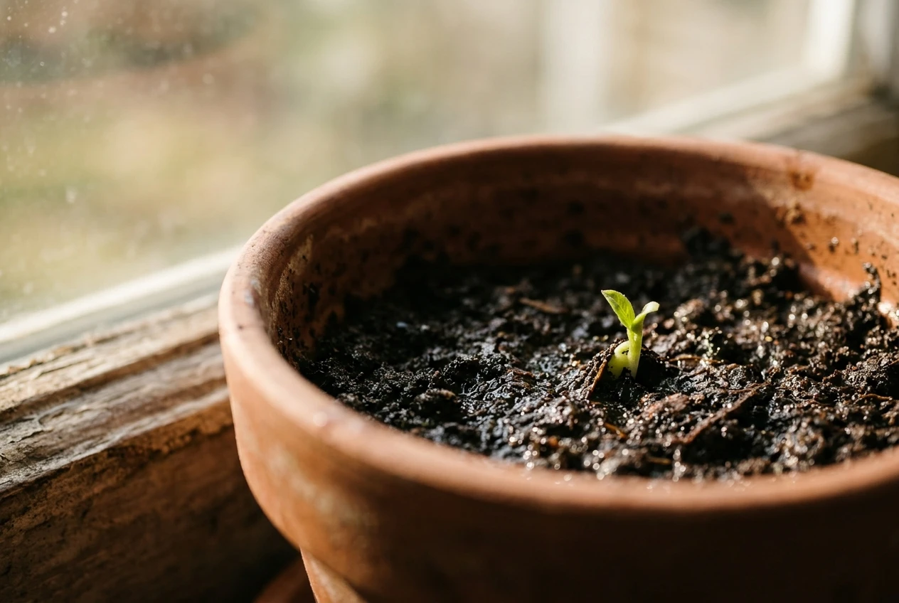 A close-up of a small seedling just breaking through dark, freshly watered soil in a plain terracotta pot on a windowsill, soft morning light, the surrounding soil smooth and otherw